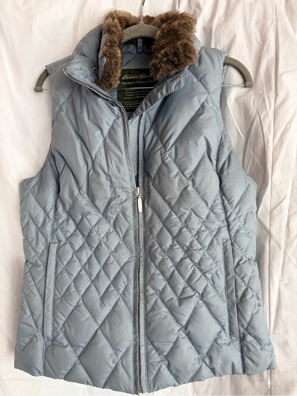 Eddie Bauer Light Blue Quilted Premium Goose Down Vest with detachable Fur Trim